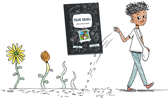 Child planting seeds of mindfulness - illustration showing growth journey